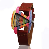 Unisex Charm Glass Bamboo Wooden WatchesFor Men and Women Fashion  Triangle Genuine   Leather Analog Quartz  Wrist Watch